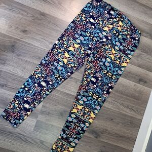 Lularoe Tall & Curvy Stretch Blue Floral Print Leggings Women's OS 32 In Waist